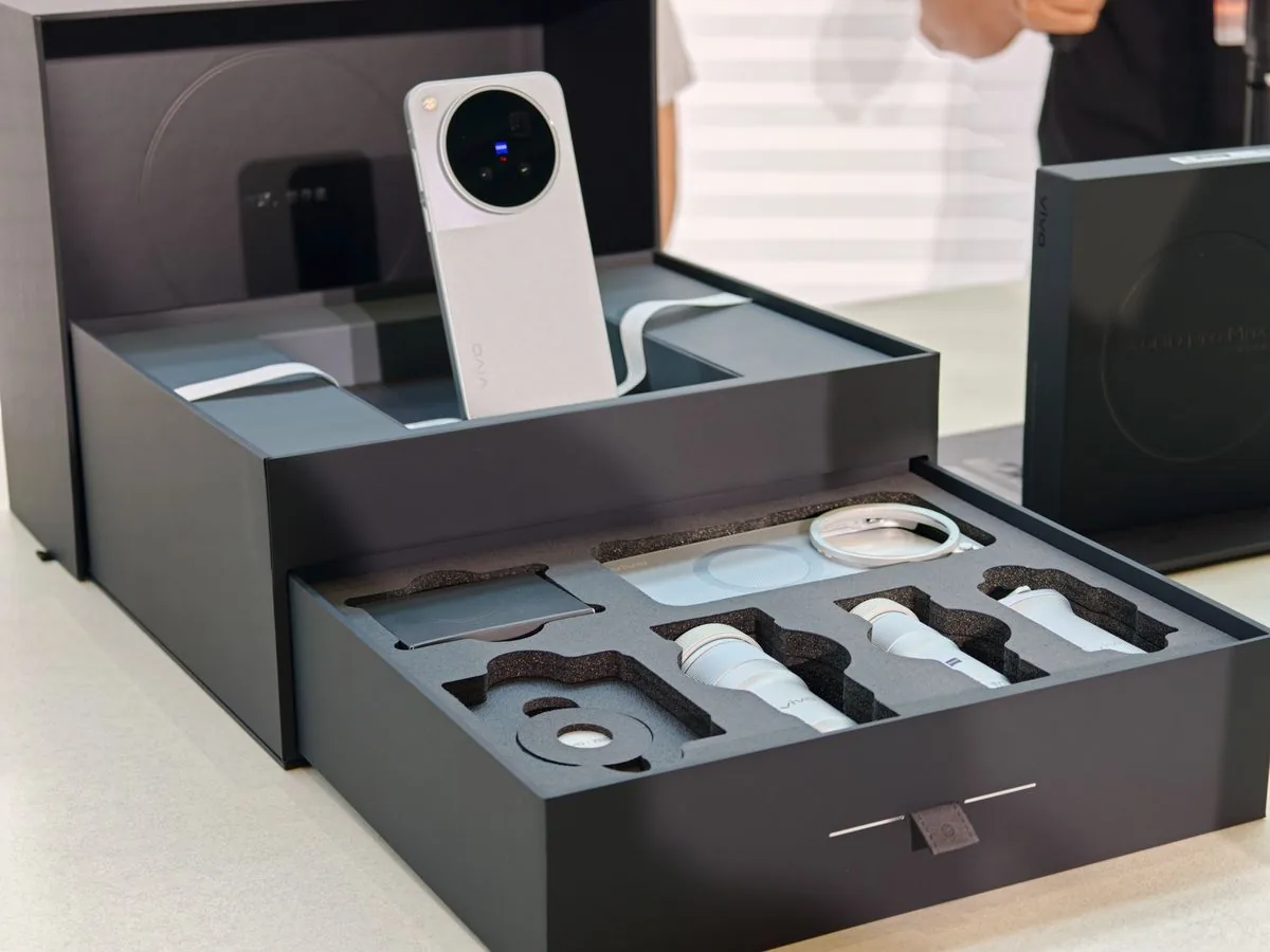 The Vivo X500 Pro Max photographer kit with lenses and accessories.