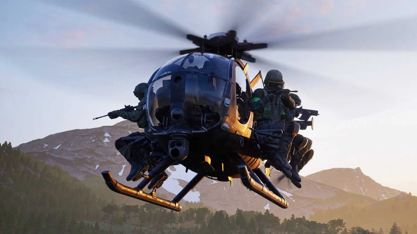 Players riding in a helicopter during combat gameplay in the War Dogs studio title