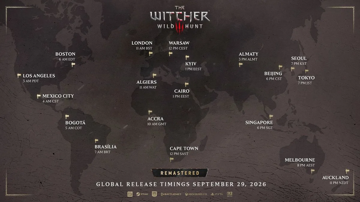A world map outlining the global Witcher remastered release time across major international cities.