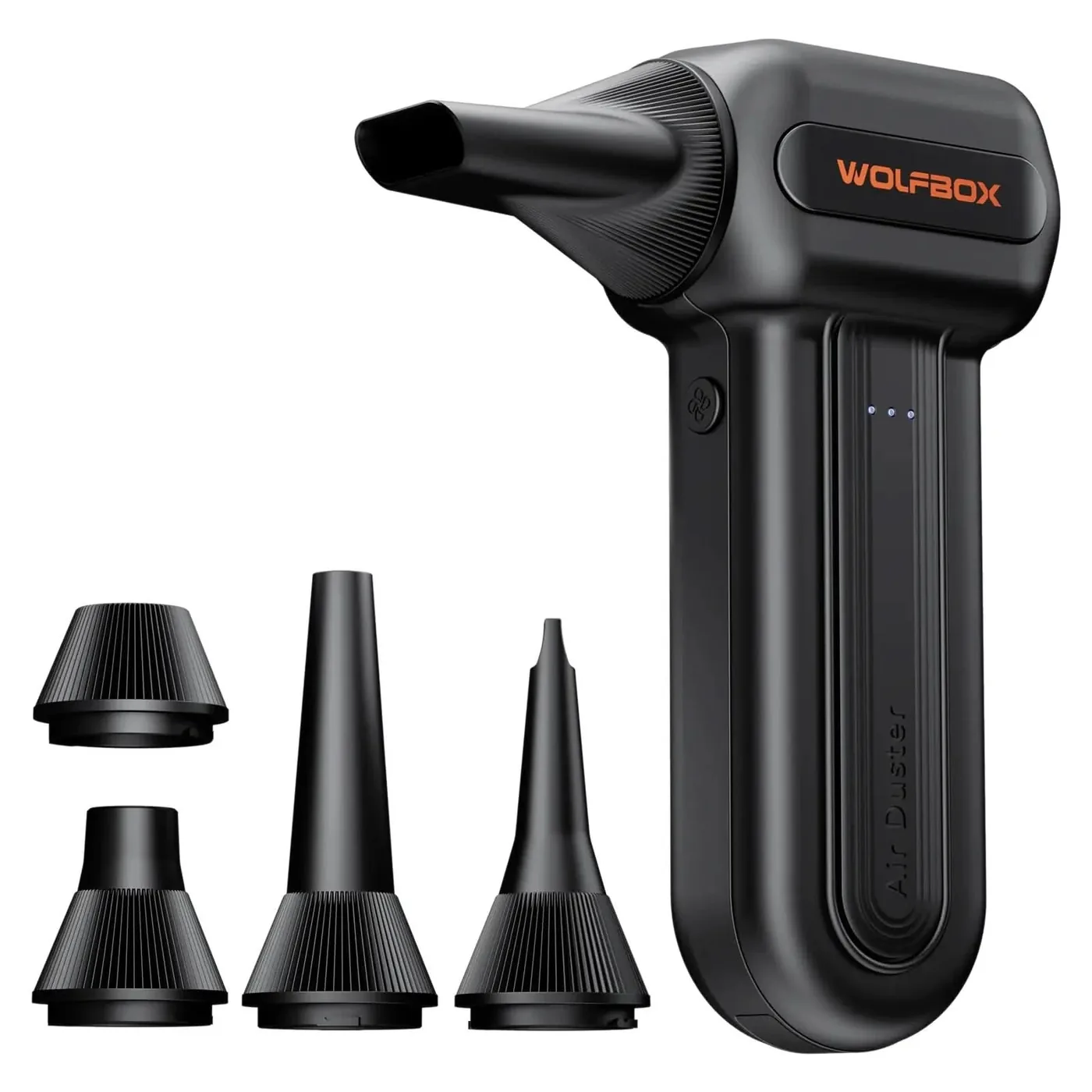 The Wolfbox MF60 cordless air duster displayed with interchangeable nozzles for PC cleaning.