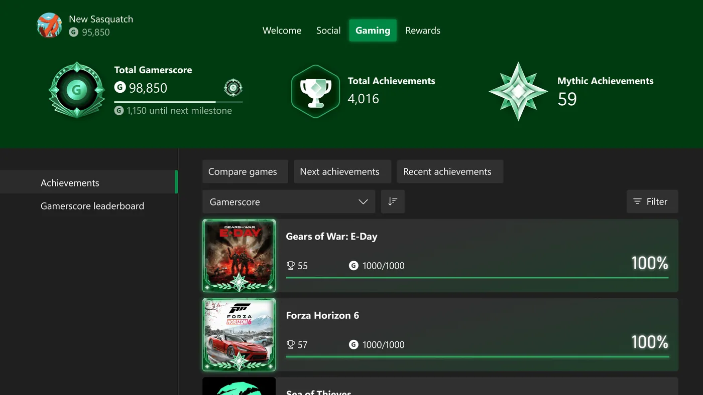 Xbox profile dashboard highlighting Xbox Mythic Achievements tally and total Gamerscore