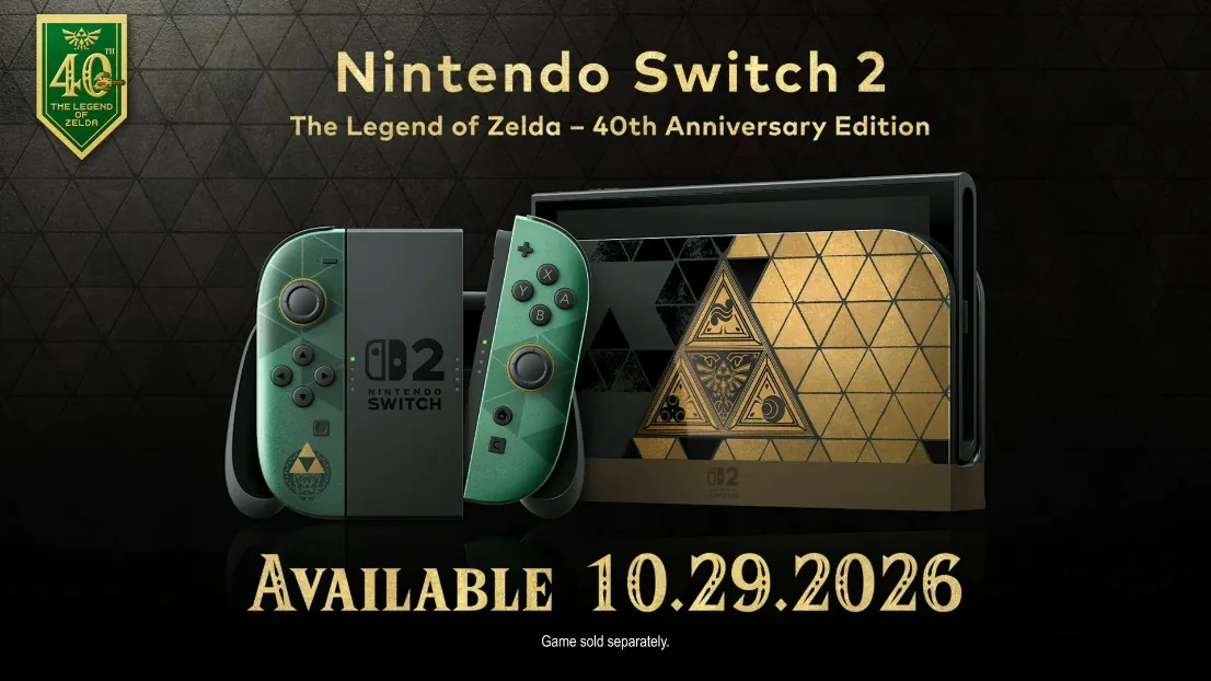 Zelda Switch 2 anniversary system with matching controllers and dock.