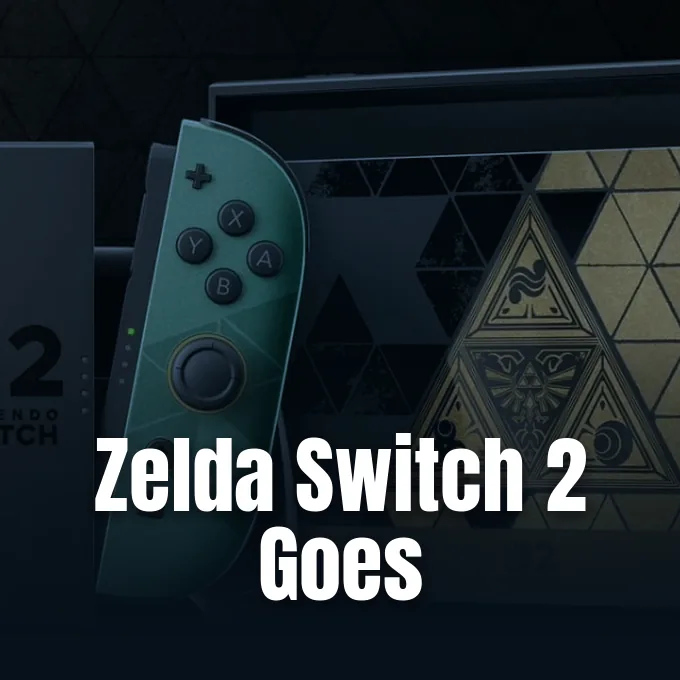 Zelda Switch 2 anniversary hardware with green controllers and gold Triforce designs.