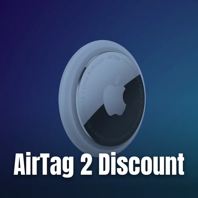An Apple AirTag tracking device shown hovering at an angle against a blue gradient background.