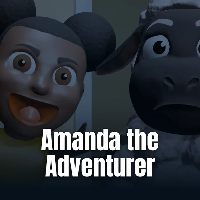 Animated characters Amanda and Wooly the sheep appearing in a close-up scene from Amanda the Adventurer.