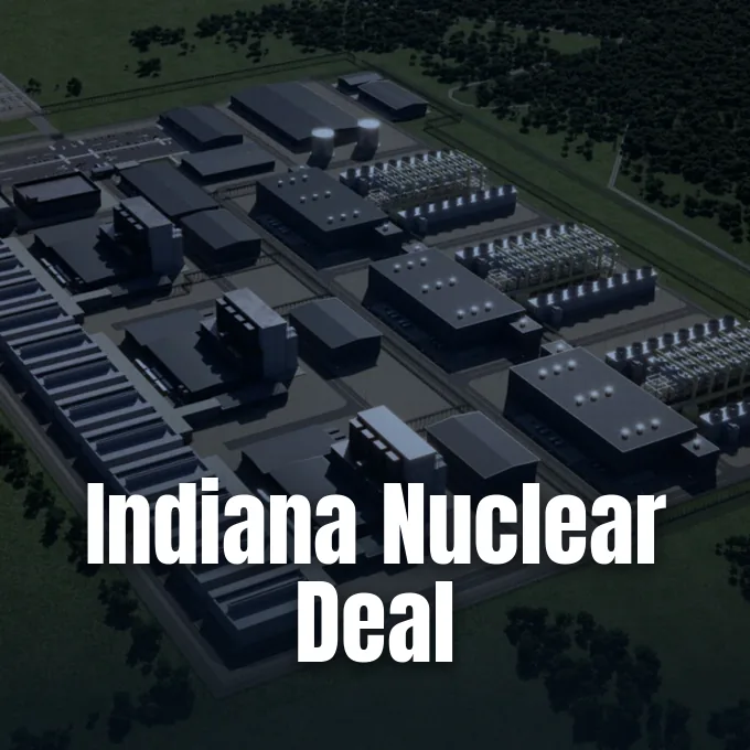 An aerial 3D rendering shows a modular nuclear reactor power plant facility surrounded by green trees.