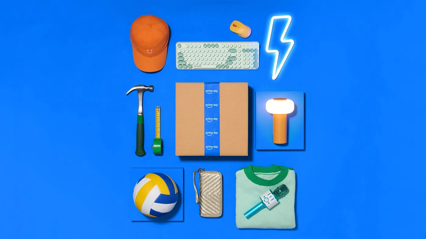 Promotional tabletop branding from Amazon Web Services for the 2026 Prime Day shopping event.
