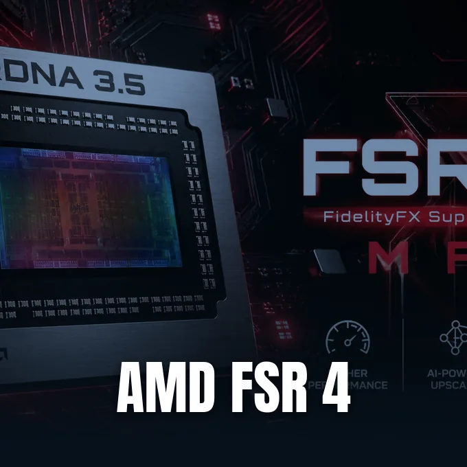 An AMD processor die rendering alongside graphics architecture and FSR technology branding.