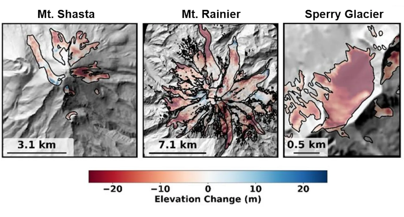 Satellite images showing elevation loss on Mount Shasta, Mount Rainier, and Sperry Glacier.