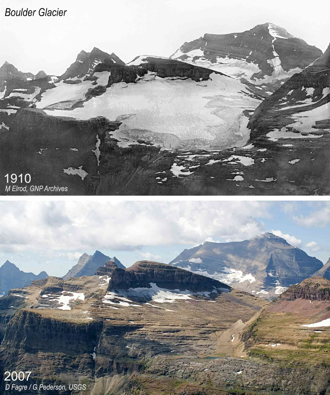 Comparative views of Boulder Glacier in Montana from 1910 and 2007 showing retreating American West glaciers.