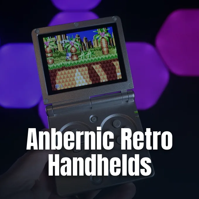 An open retro clamshell gaming handheld displaying a colorful classic platformer game on its screen.