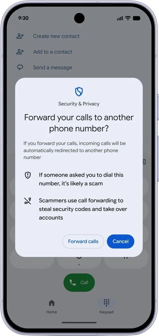 Android scam defenses display a call forwarding notification screen to block unauthorized diversion.