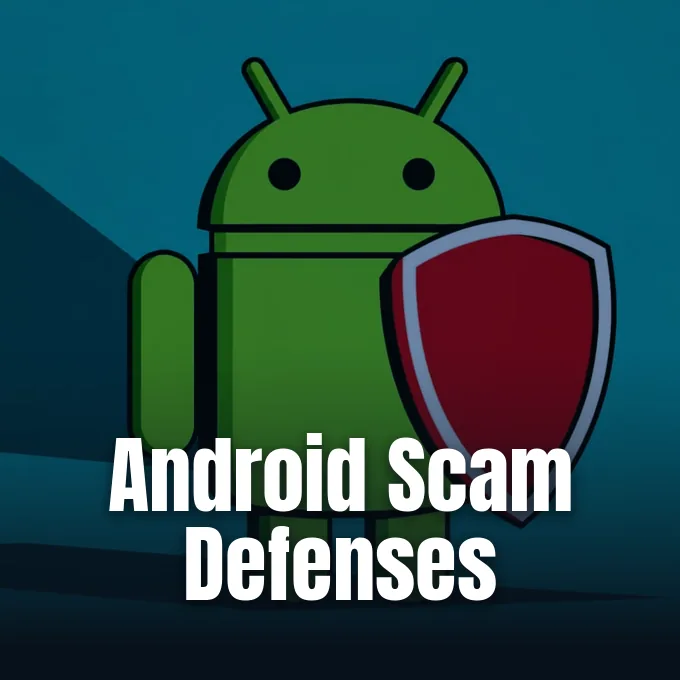 The green Android robot figure stands holding a red security shield against a dark background.