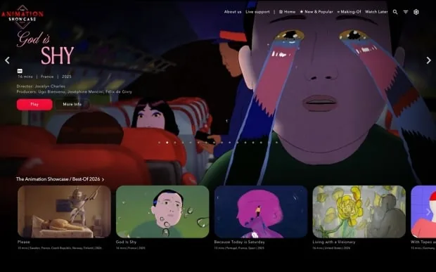 The Animation Showcase streaming platform interface displaying curated short films.