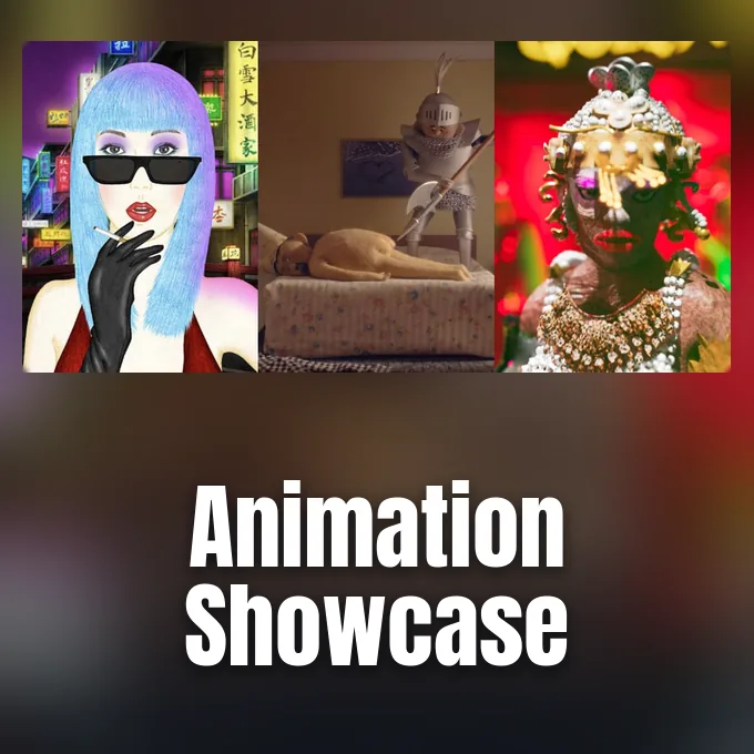 A triptych collage featuring stylized animated characters from festival short films including a woman with blue hair.