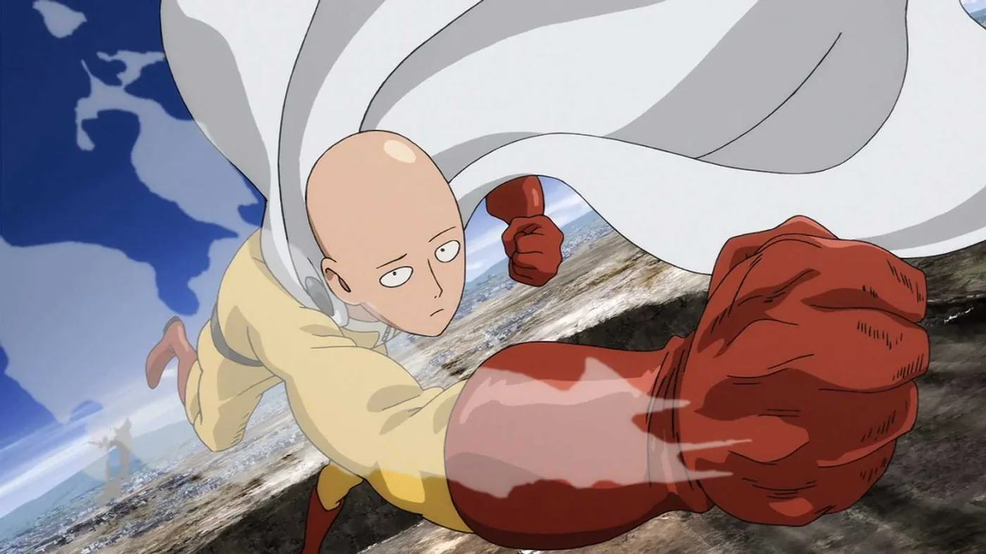 Saitama flying through the sky in One-Punch Man