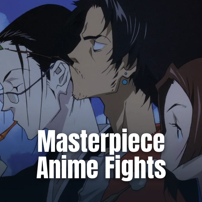 Jin, Mugen, and Fuu from Samurai Champloo looking sideways against an evening sky