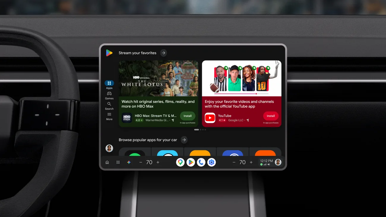 The redesigned Google Play app experience interface presented on a horizontal in-car vehicle dashboard display.