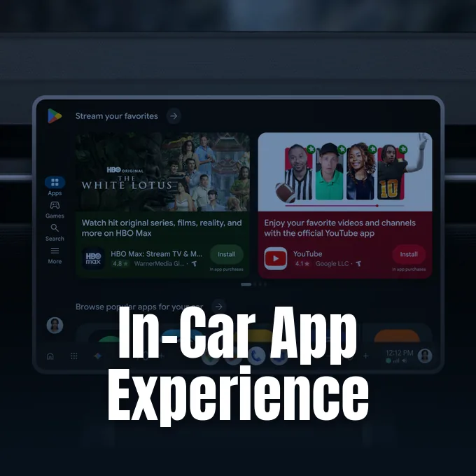 An in-car infotainment display showing the Google Play store interface with media streaming apps.