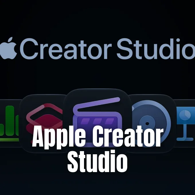 Apple Creator Studio logo text with colorful Mac creative application icons lined up horizontally