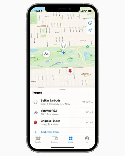 Find My app interface displaying the Items tab for tracking connected accessories.