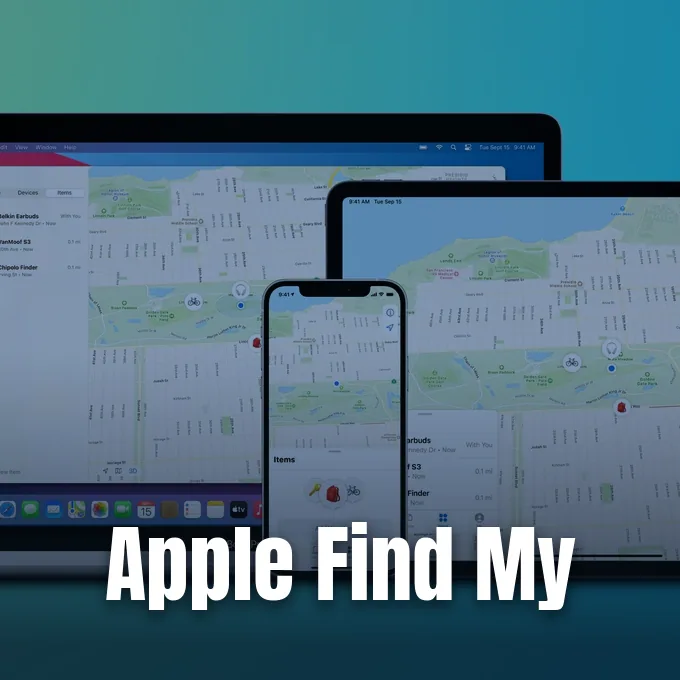 Multiple Apple devices displaying the Find My app interface with location maps on their screens
