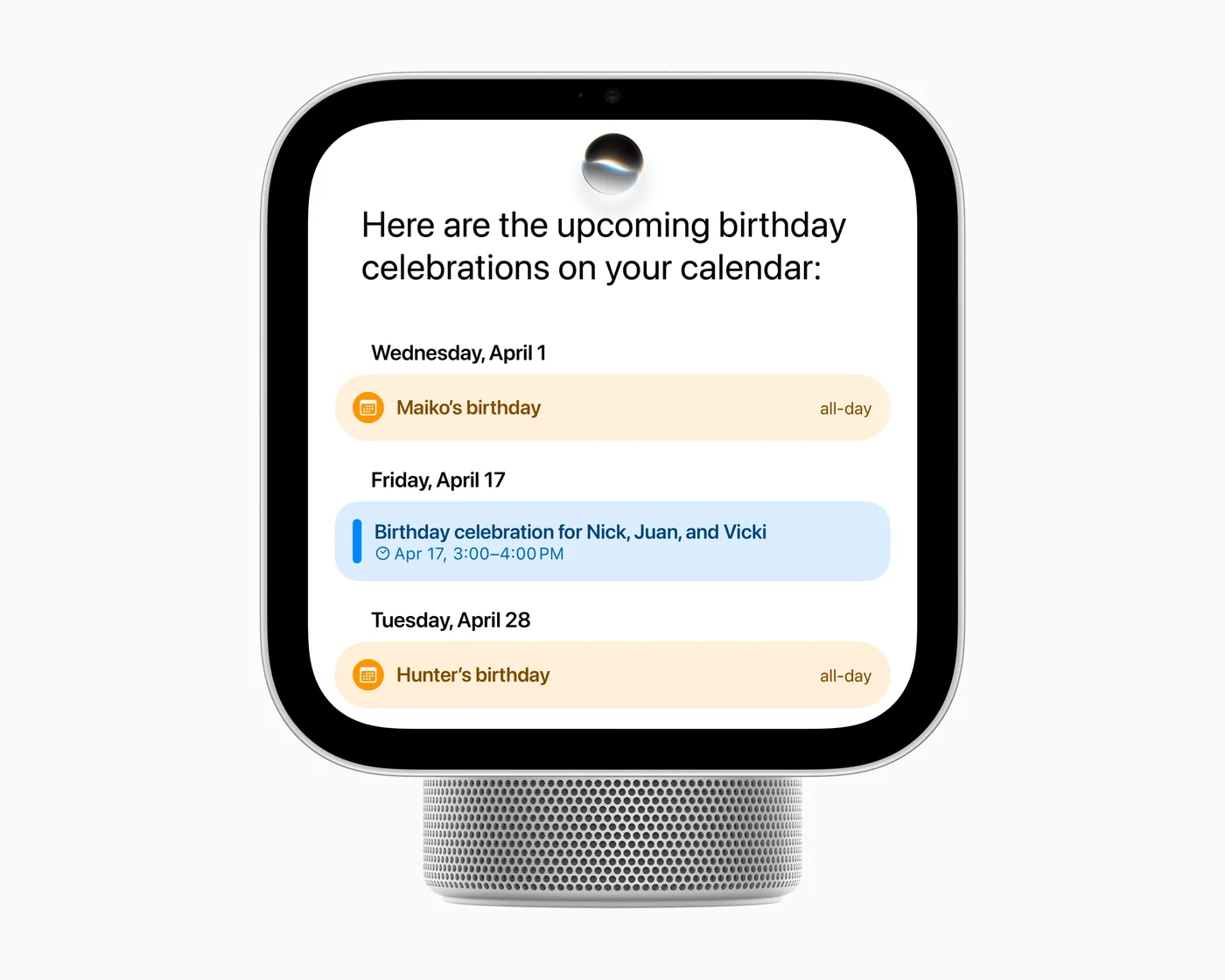 Apple HomeView displaying personal context and smart home details on a square screen.