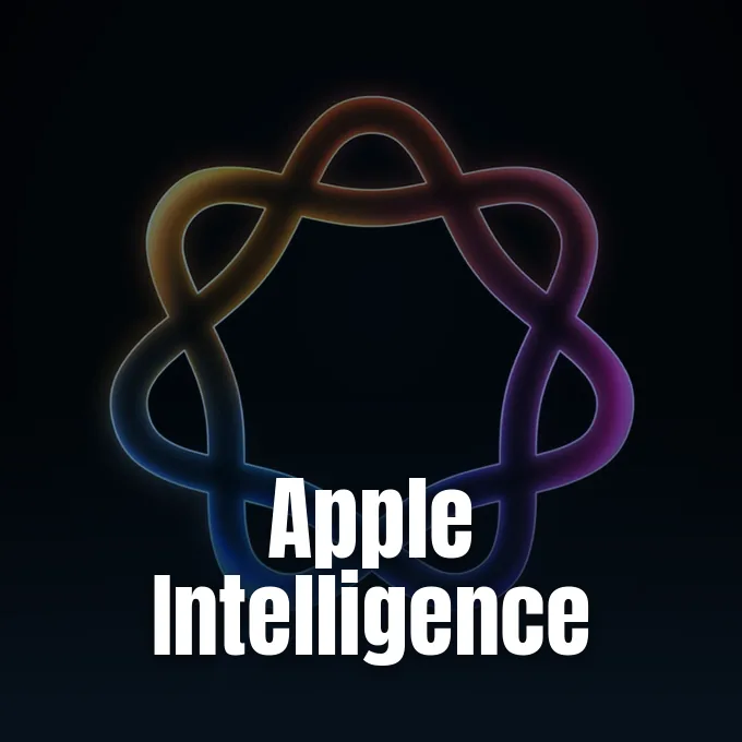 A colorful glowing Apple Intelligence loop emblem centered against a dark gradient background.