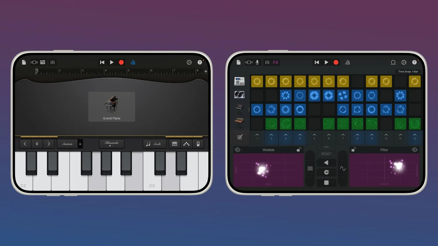 GarageBand interface displayed on the inner folding screen of the iPhone Duo.
