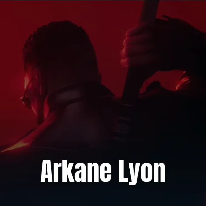 A silhouetted character drawn from behind against a red background holding a sword on his back.