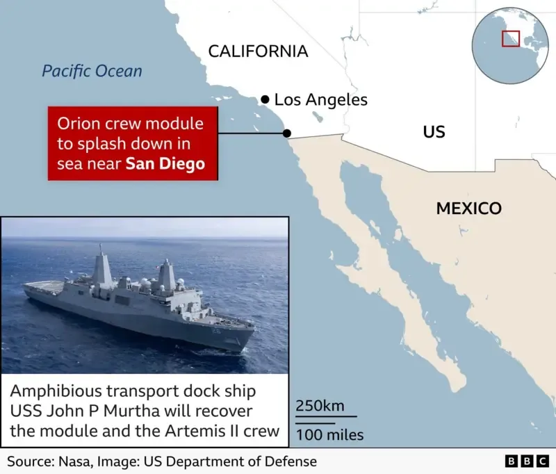 Map displaying the planned Pacific Ocean splashdown target for the Orion capsule