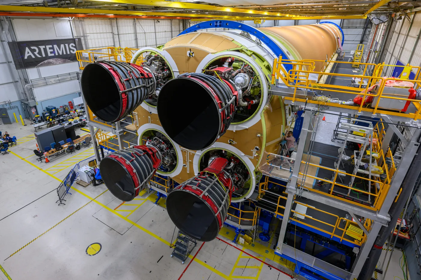 Four RS-25 engines installed on the Artemis II SLS core stage