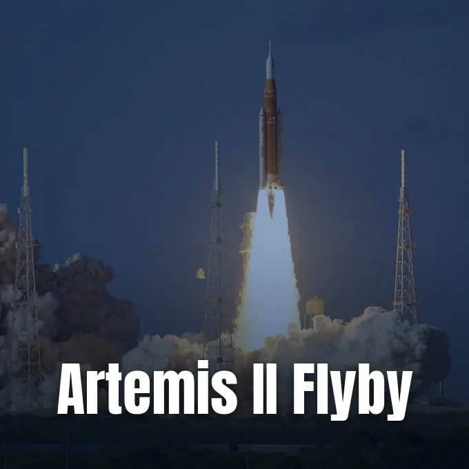 A massive Space Launch System rocket lifts off with bright flames and exhaust against dusk skies.