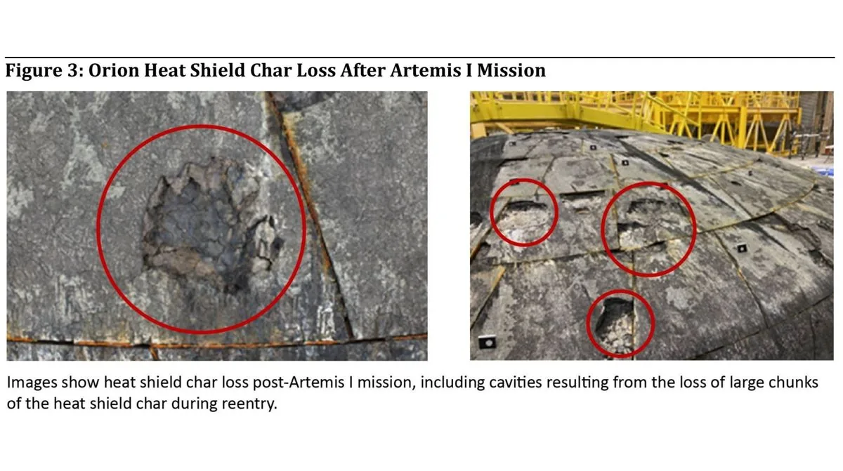 Closeup views showing damage to the Orion heat shield after Artemis 1