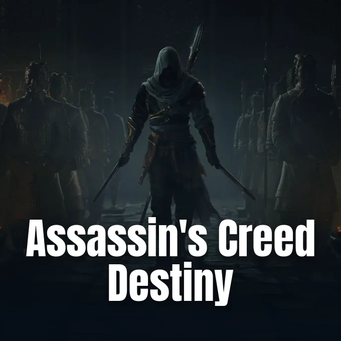 A hooded assassin wielding dual blades stands amidst terracotta warrior statues in a dim hall.