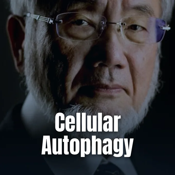 Close-up portrait of Nobel laureate Yoshinori Ohsumi wearing glasses with a dark background.