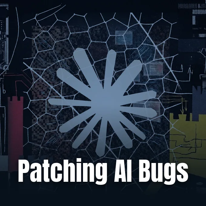 A stylized Anthropic logo overlaid on a dark digital network and software code pattern background.