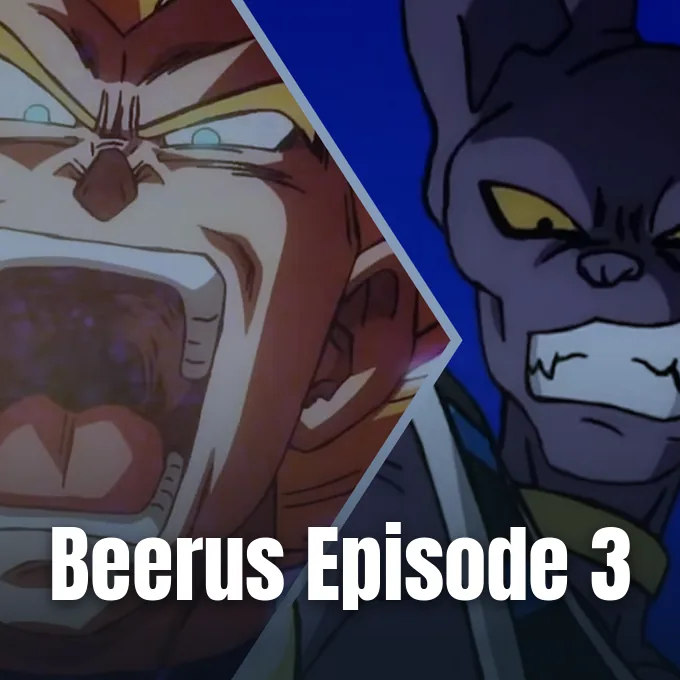 Split screen depiction of Vegeta roaring in battle alongside the God of Destruction Beerus.