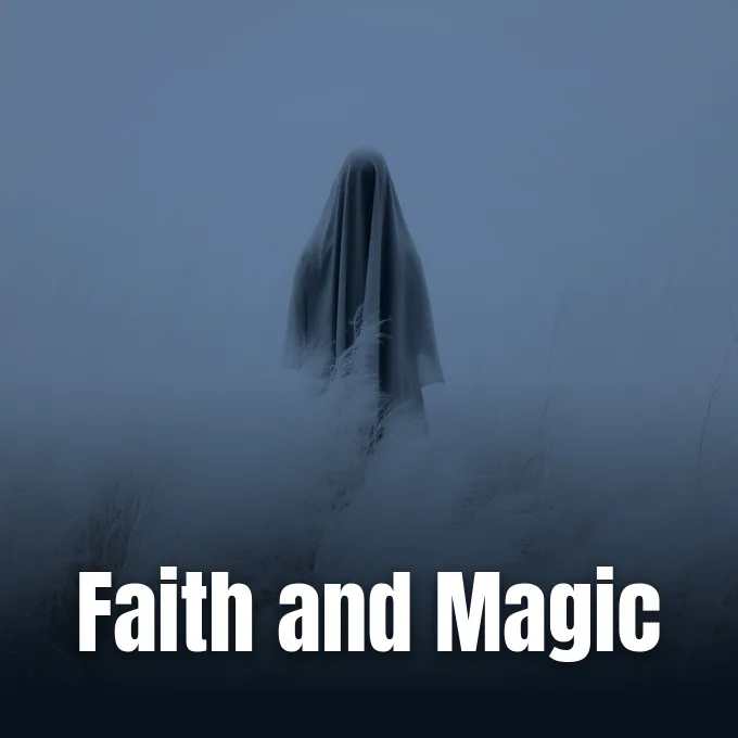 A mysterious draped ghostly figure standing amidst thick fog in an open desolate grassy landscape.