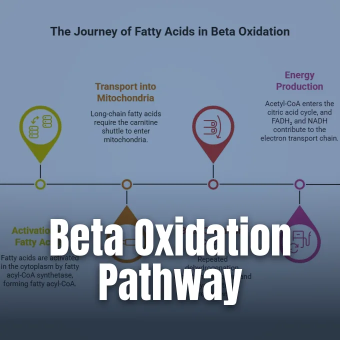 An infographic timeline detailing the stages of fatty acid breakdown and transport into mitochondria
