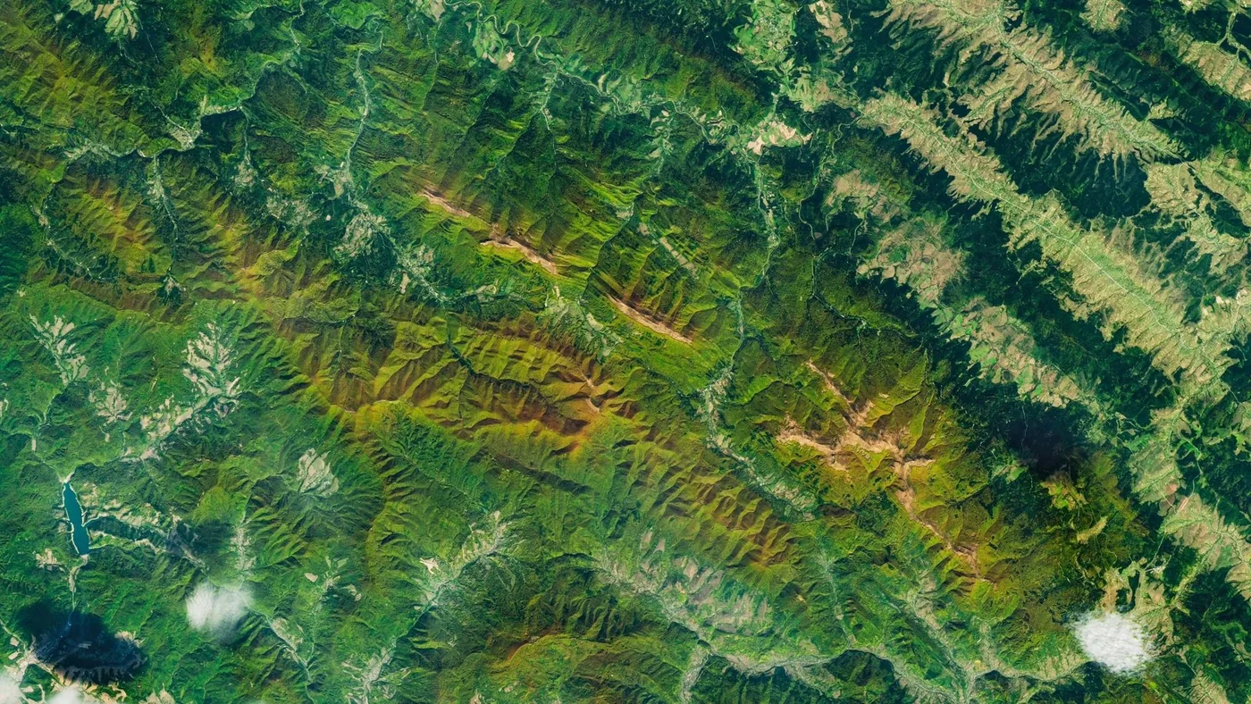 Forested mountain ridges showing early autumn colors in Bieszczady National Park.