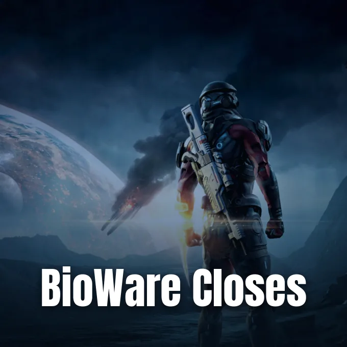 An armored sci-fi soldier stands on an alien landscape overlooking a burning spaceship and distant planet.