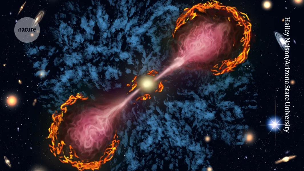 Astronomical depiction of black hole jets ionizing gas clouds across the surrounding galactic halo.
