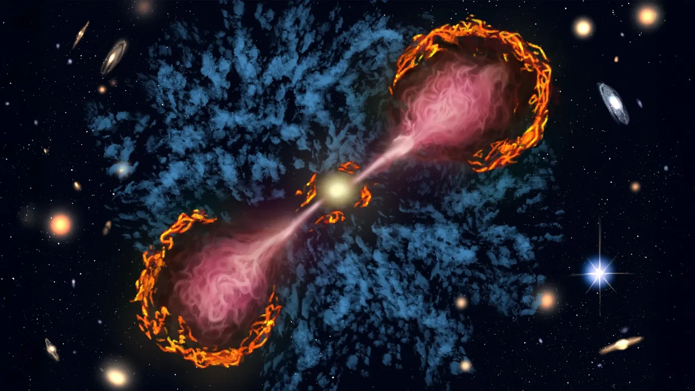 Radio galaxy structure displaying extended black hole jets penetrating outer galactic boundaries.