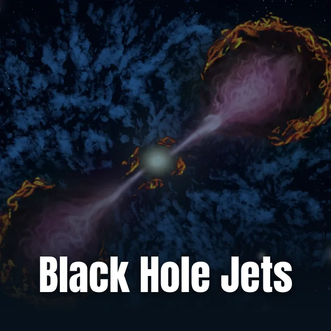 Astrophysical visualization of black hole jets extending into the circumgalactic gas halo of a host galaxy.