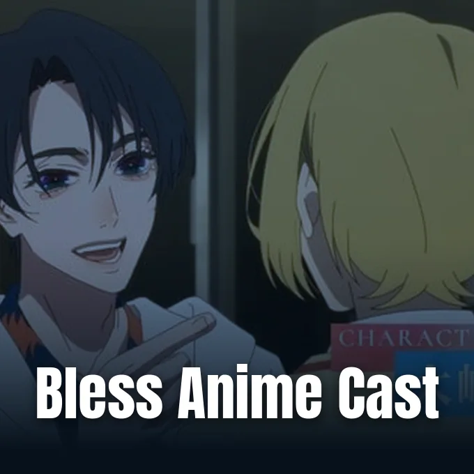 Anime characters from the upcoming series Bless shown talking to each other in an animated scene.