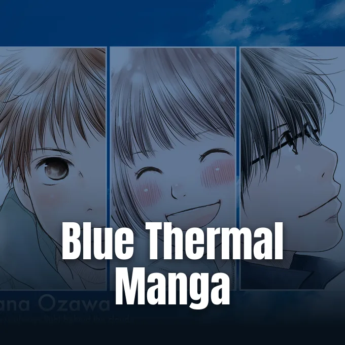 An anime-style manga illustration featuring close-up portraits of three young characters smiling under a blue sky.