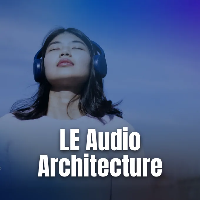 A woman wearing wireless headphones with closed eyes enjoying music against a blue background.