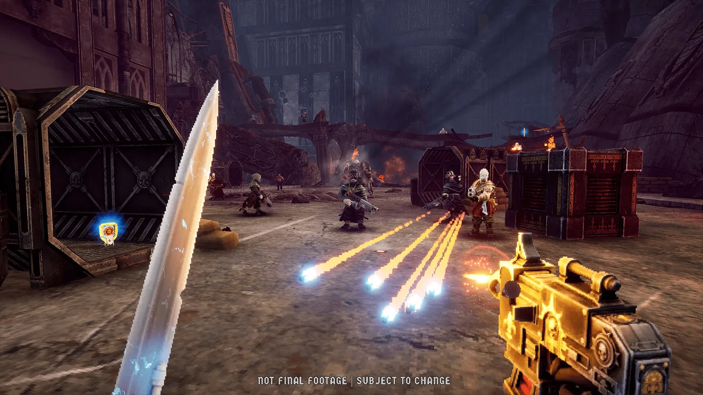 Combat encounter with glowing projectiles and crates.
