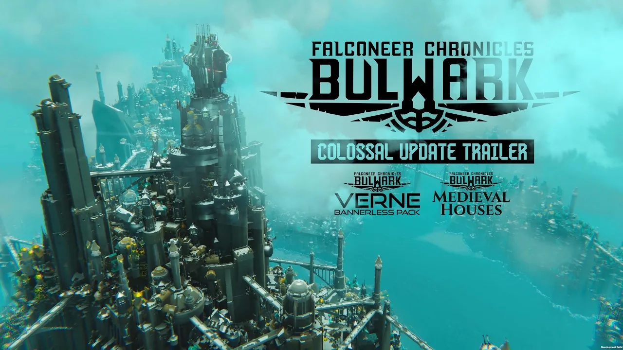 Bulwark Falconeer Chronicles trailer frame introducing the Colossal Update and Medieval Houses DLC.